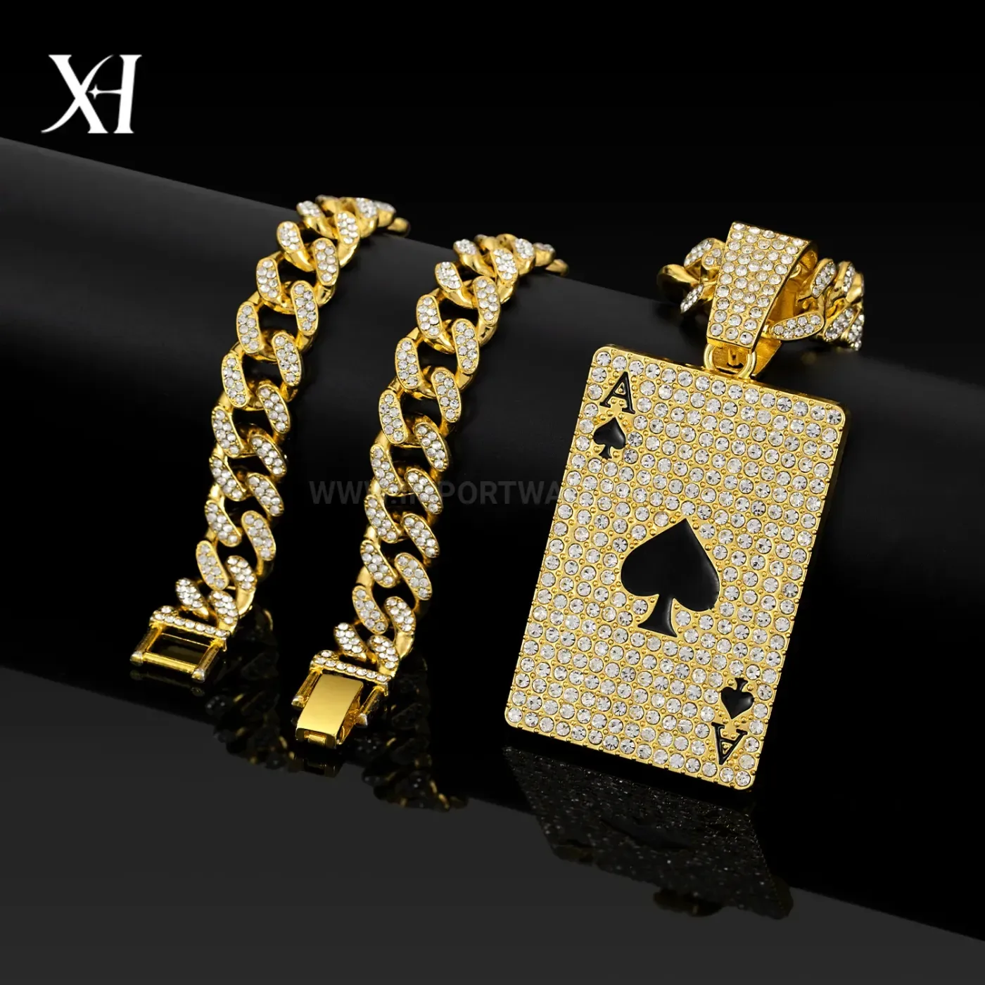 Rhinestone Ace of Spades Playing Card Cuban Link Pendant