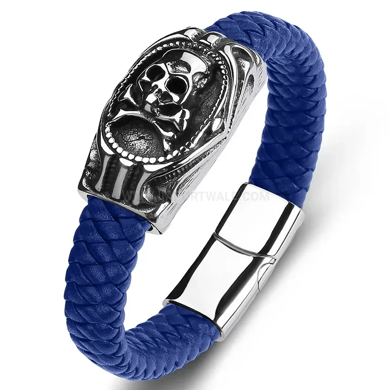 Designer Egyptian King Skull Stainless Steel Leather Bracelet