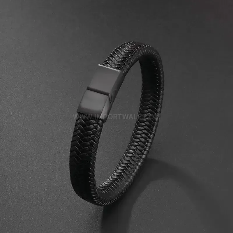 Bold Braided Leather Wristband with Matte Metal Magnetic Clasp