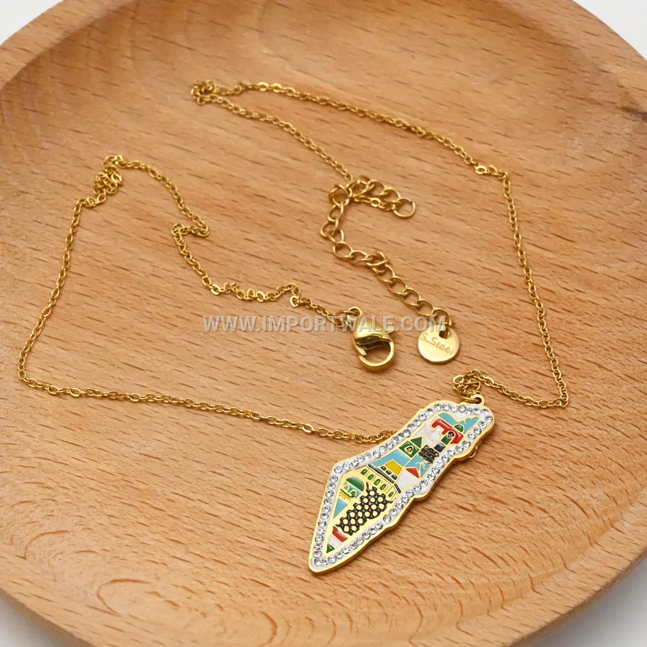 Stainless Steel Palestine Map Arabic Pendant Necklace with Zircon