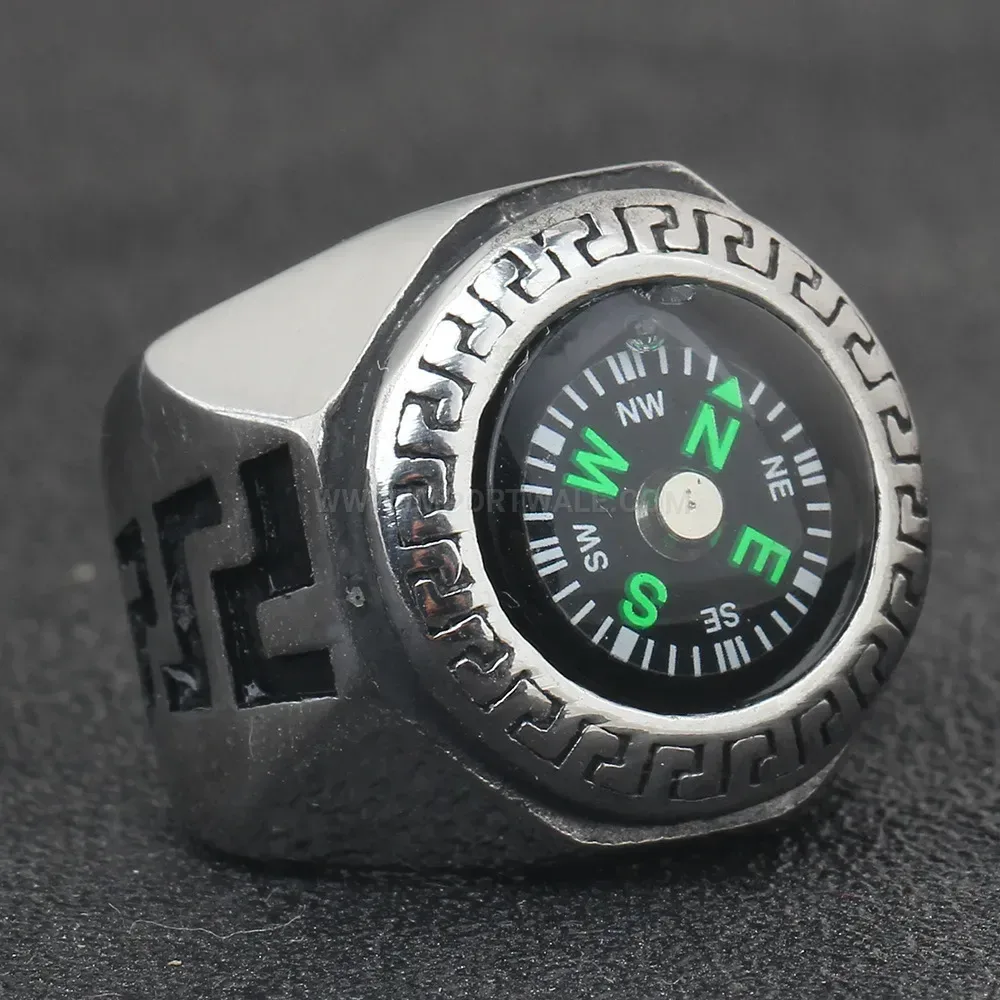 Elegant Round Compass Stainless Steel Statement Ring