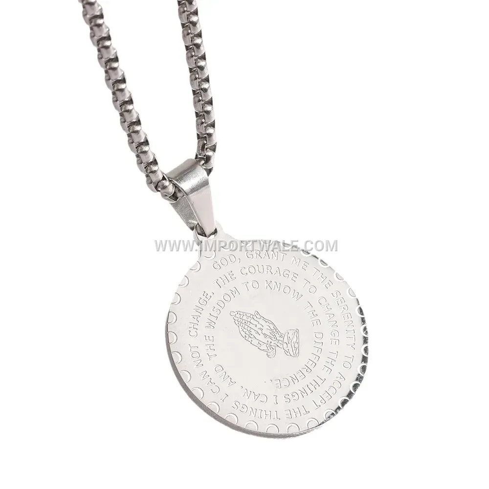 Etched Praying Hands Stainless Steel Pendant Necklace