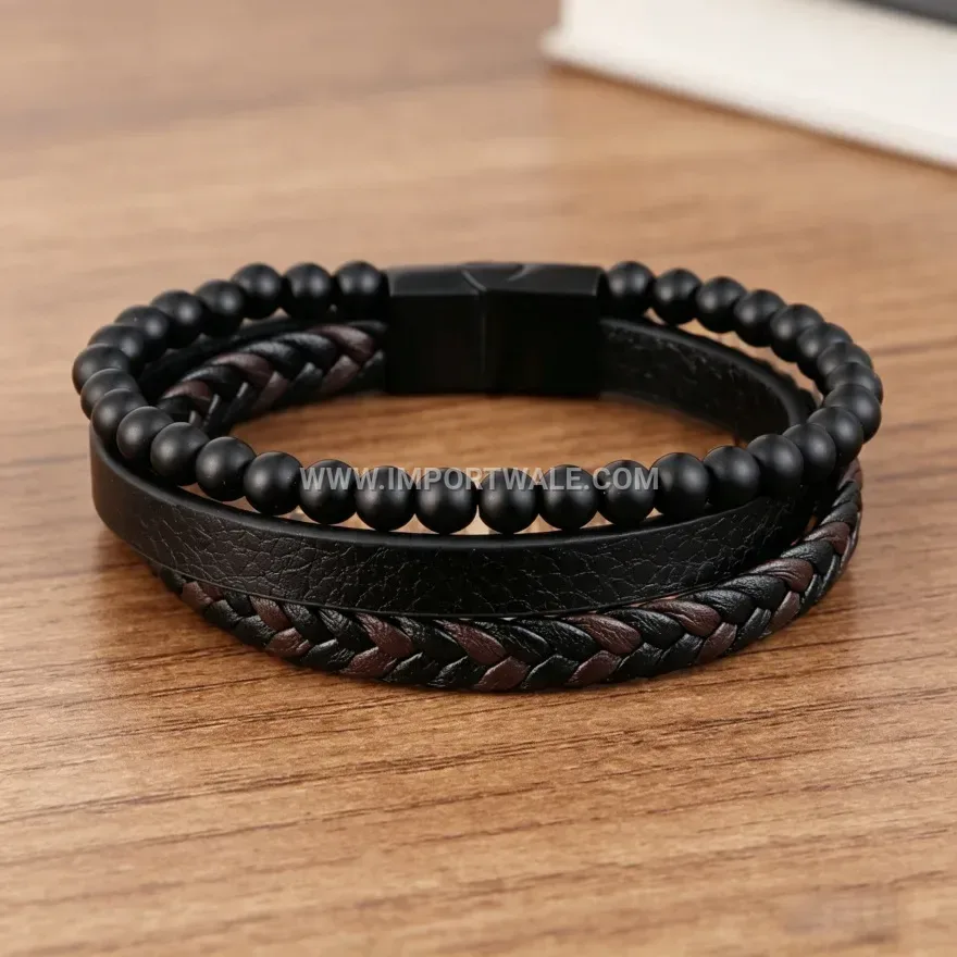 Multi-Layer Braided Leather Wristband with Natural Stone Beads