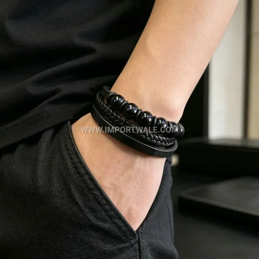 Men's Braided Leather Bracelet with Black Beads and Magnetic Clasp