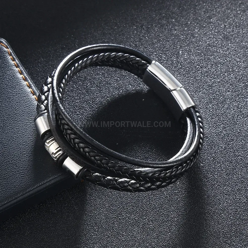Multi-Strand Woven Black Leather Bracelet with Stainless Steel Hardware