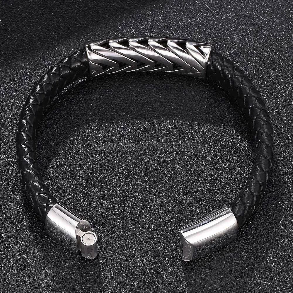 Black Leather Arrow Bracelet with Stainless Steel Clasp for Men