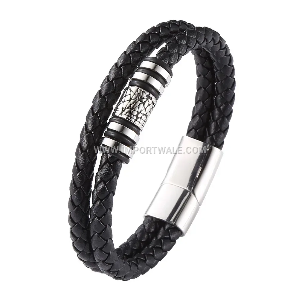Double-Wrap Braided Leather Stainless Steel Bracelet with Magnetic Clasp