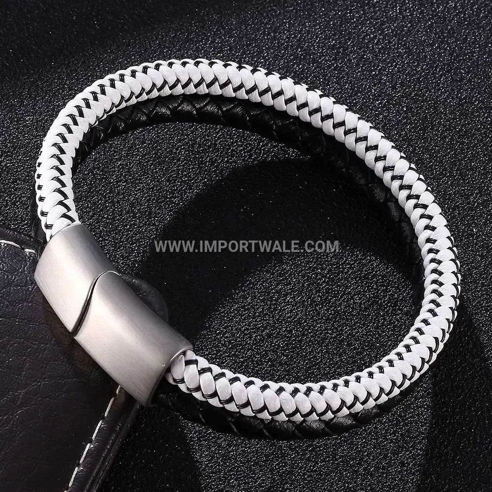 Braided Leather Stainless Steel Men Wristband with Magnetic Clasp