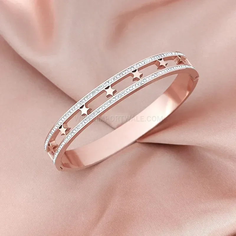Stylish Double-Row Star Rhinestone Cutout Titanium Steel Bangle