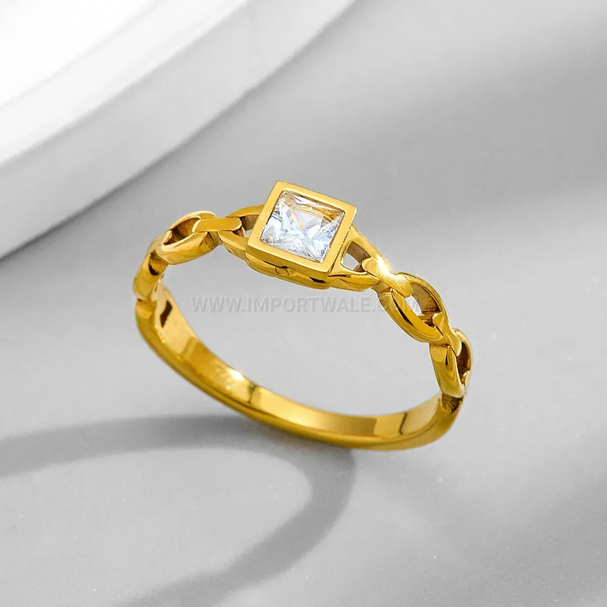 Square Crystal Stainless Steel Chain Link Statement Ring
