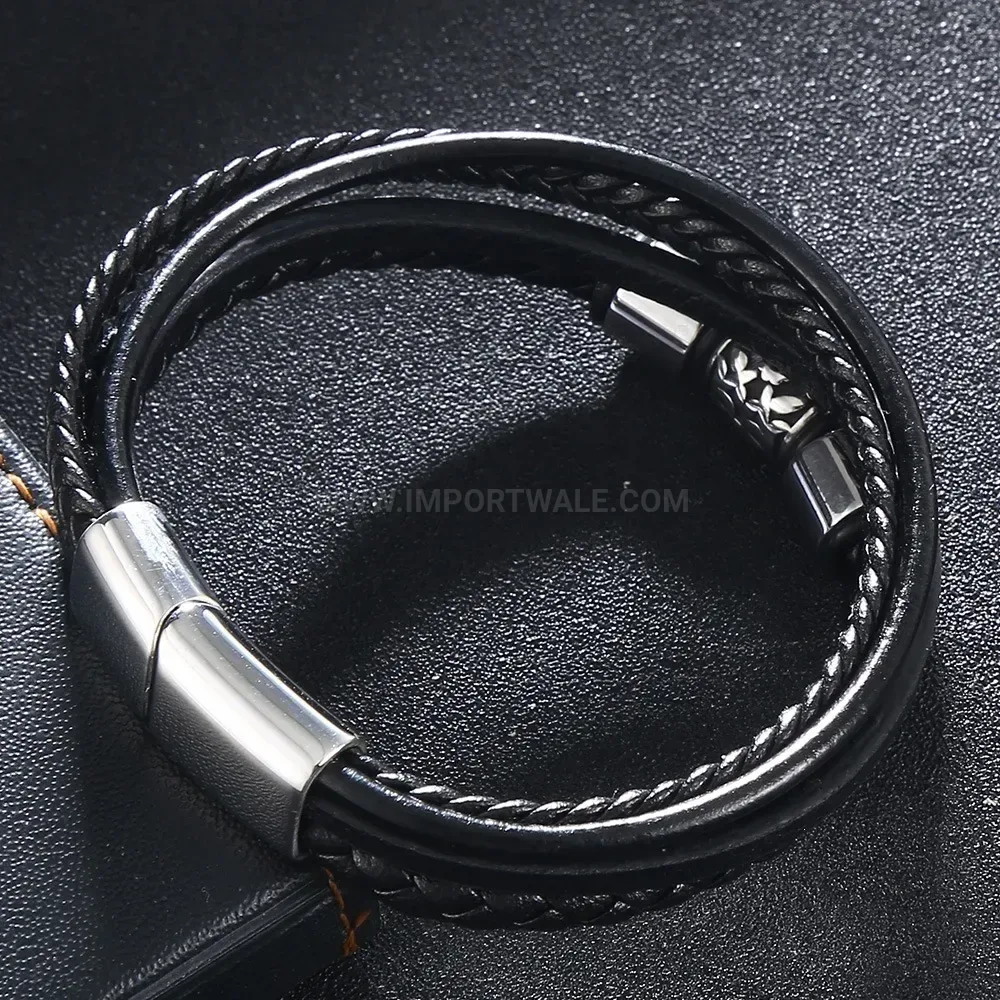 Multi Strand Woven Leather Bracelet with Stainless Steel Clasp