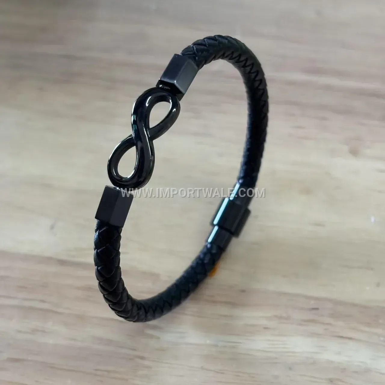 Infinity Motif Black Leather Cord Stainless Steel Bracelet for Men