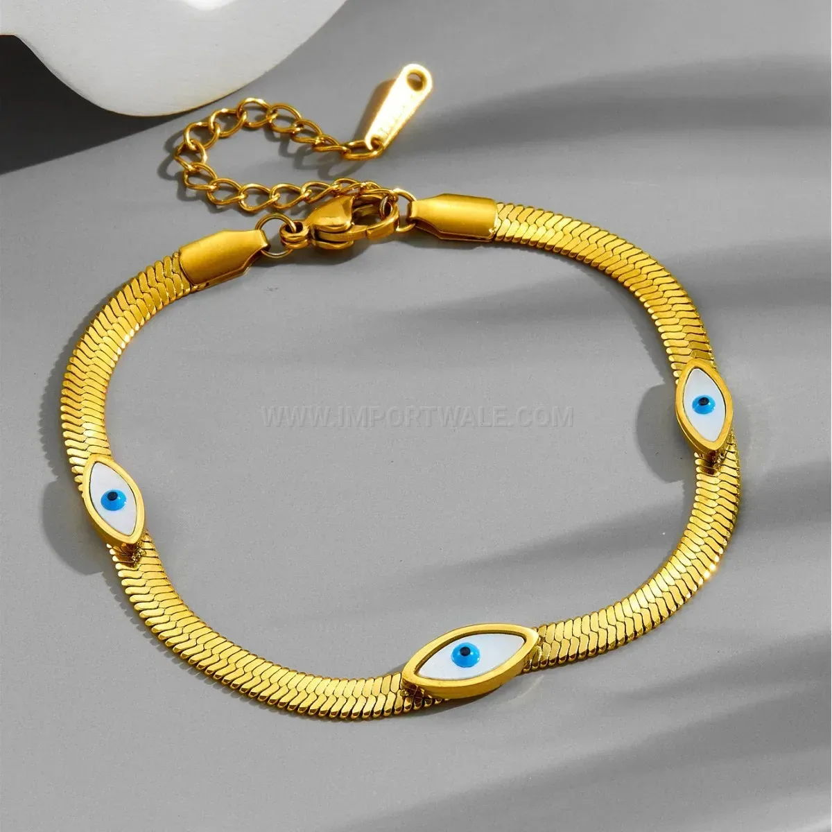 Gold Plated Stainless Steel Snake Chain Evil Eye Accent Bracelet