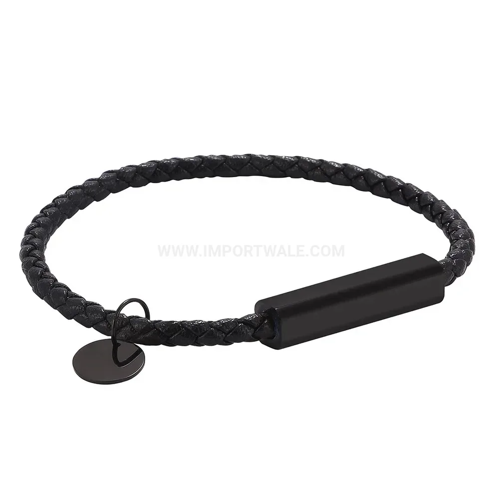 Engravable Black Stainless Steel Braided Leather Couple Bracelet