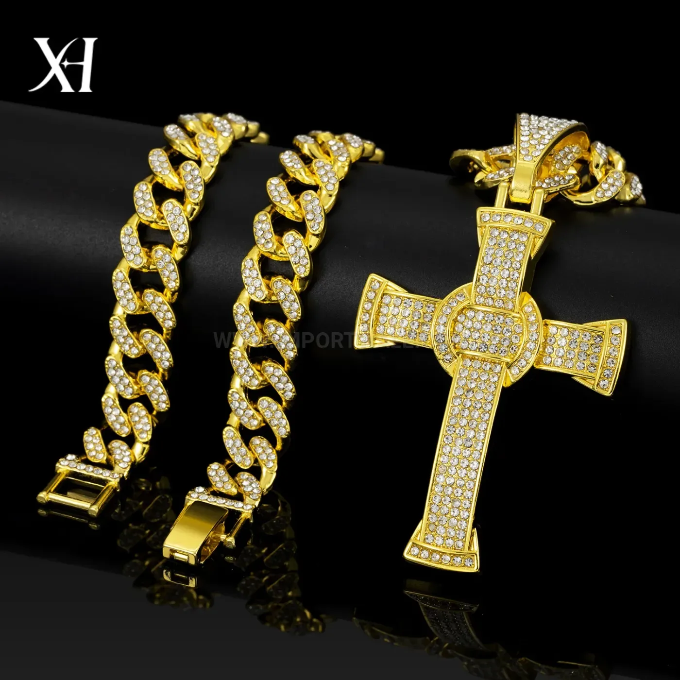 Trendy Iced Out Cross Pendant Cuban Link Chain Necklace