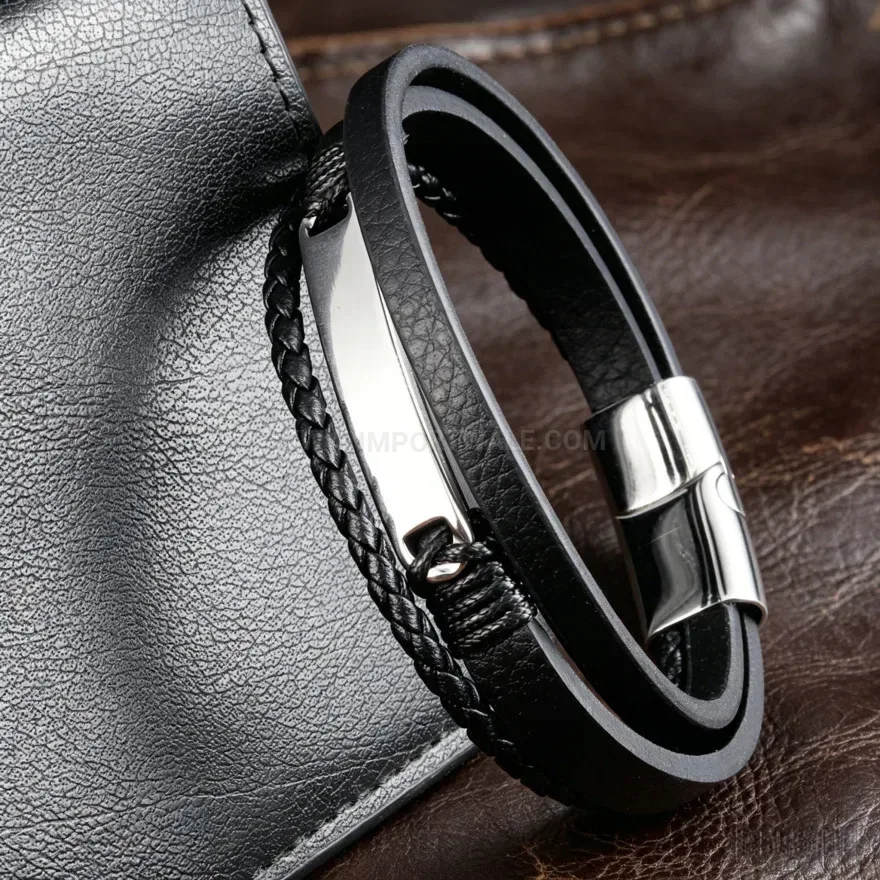 Modern Multi Layer Braided Leather Wristband with Stainless Steel Magnetic Clasp