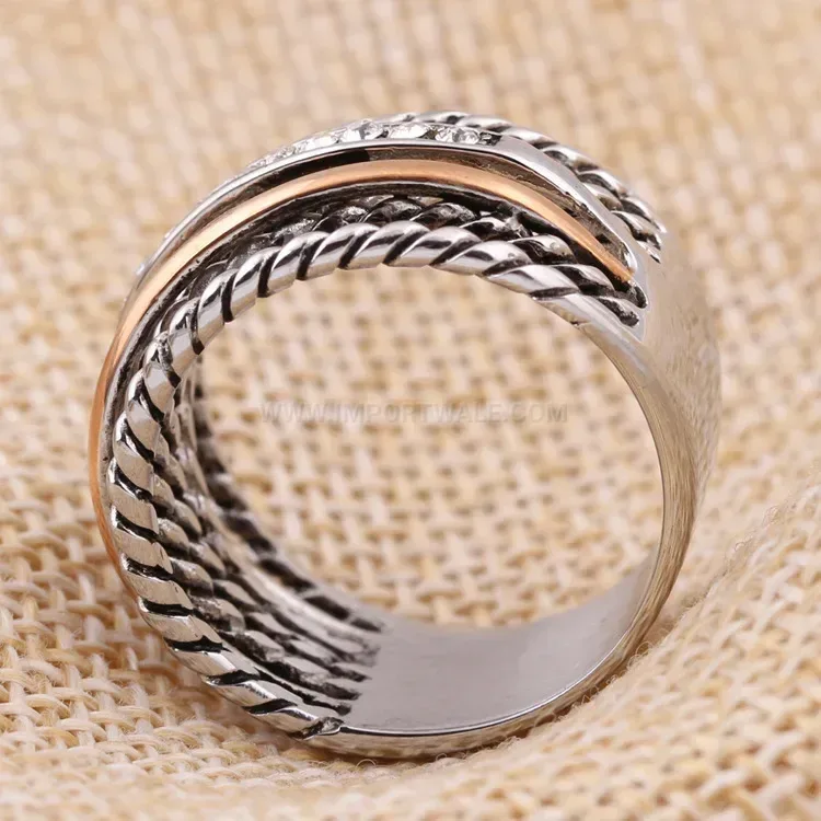 Classic Two Tone Rhinestone Titanium Steel Geometric Ring