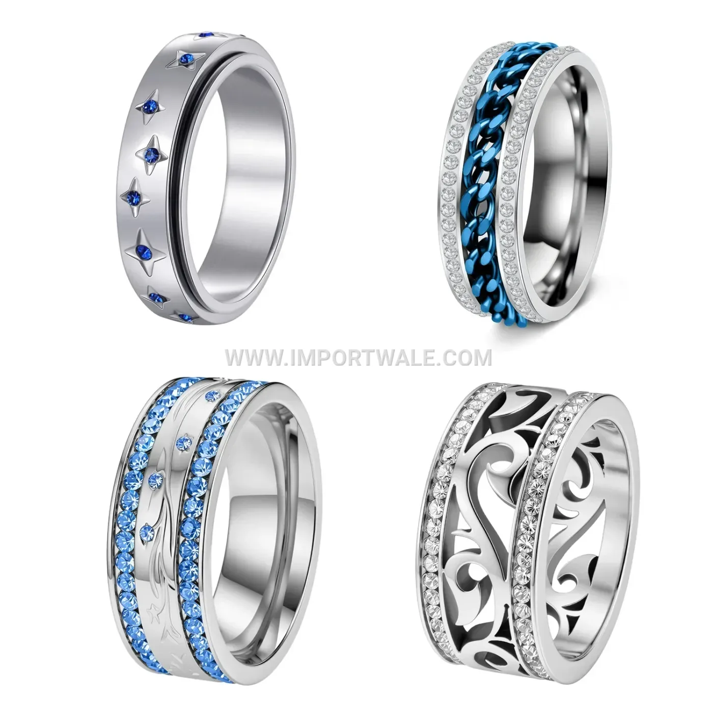 Double-Row Rhinestone Rotating Chain Band Ring
