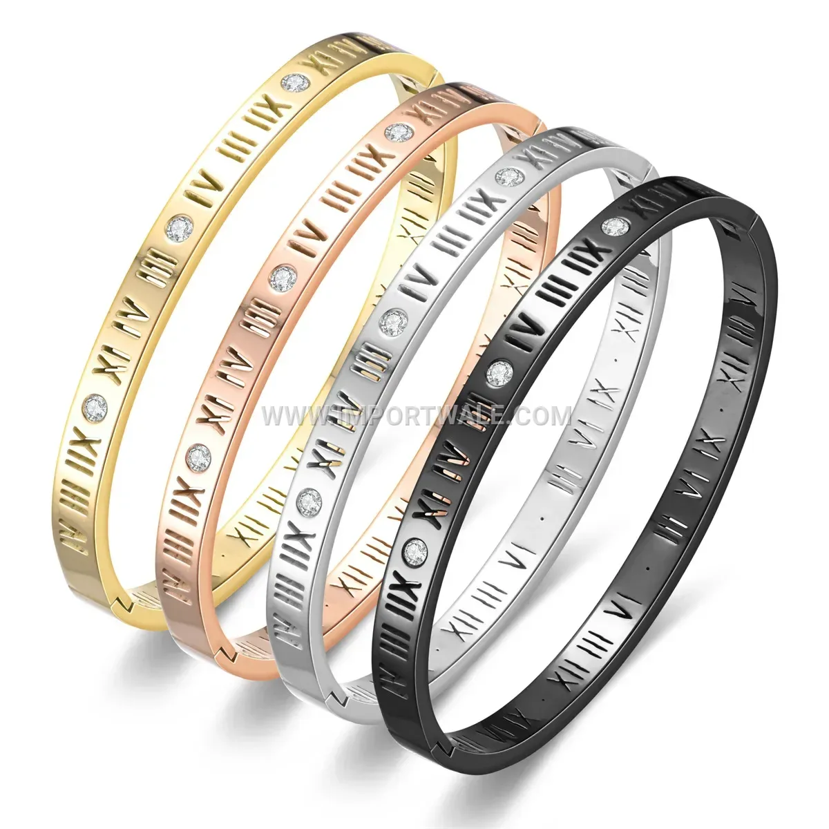 Stainless Steel Roman Numeral Crystal Bangle Bracelet