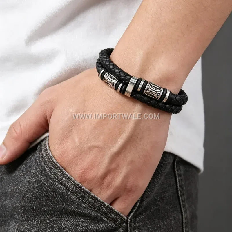 Viking Braided Leather Magnetic Cuff Bracelet For Men