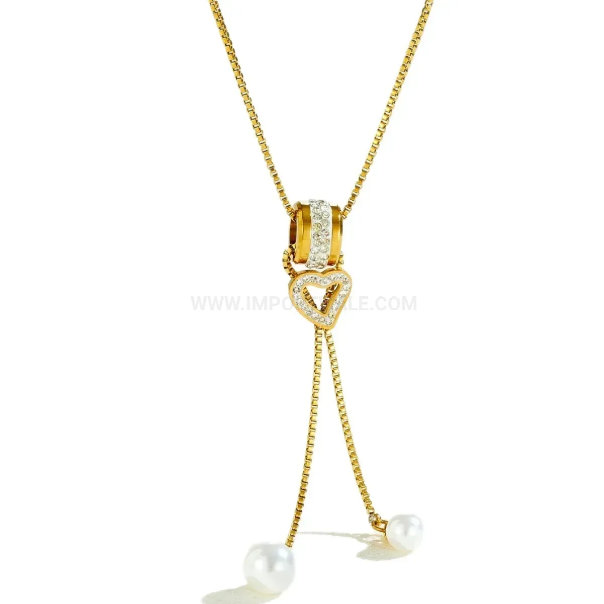 Trendy Gold Stainless Steel Rhinestone Heart and Imitation Pearl Necklace