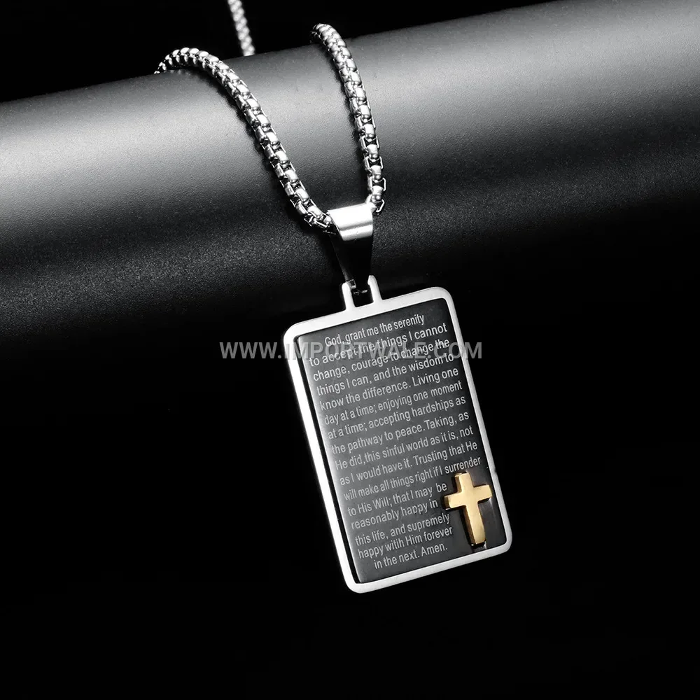 Engraved Rectangular Cross Pendant Stainless Steel Necklace