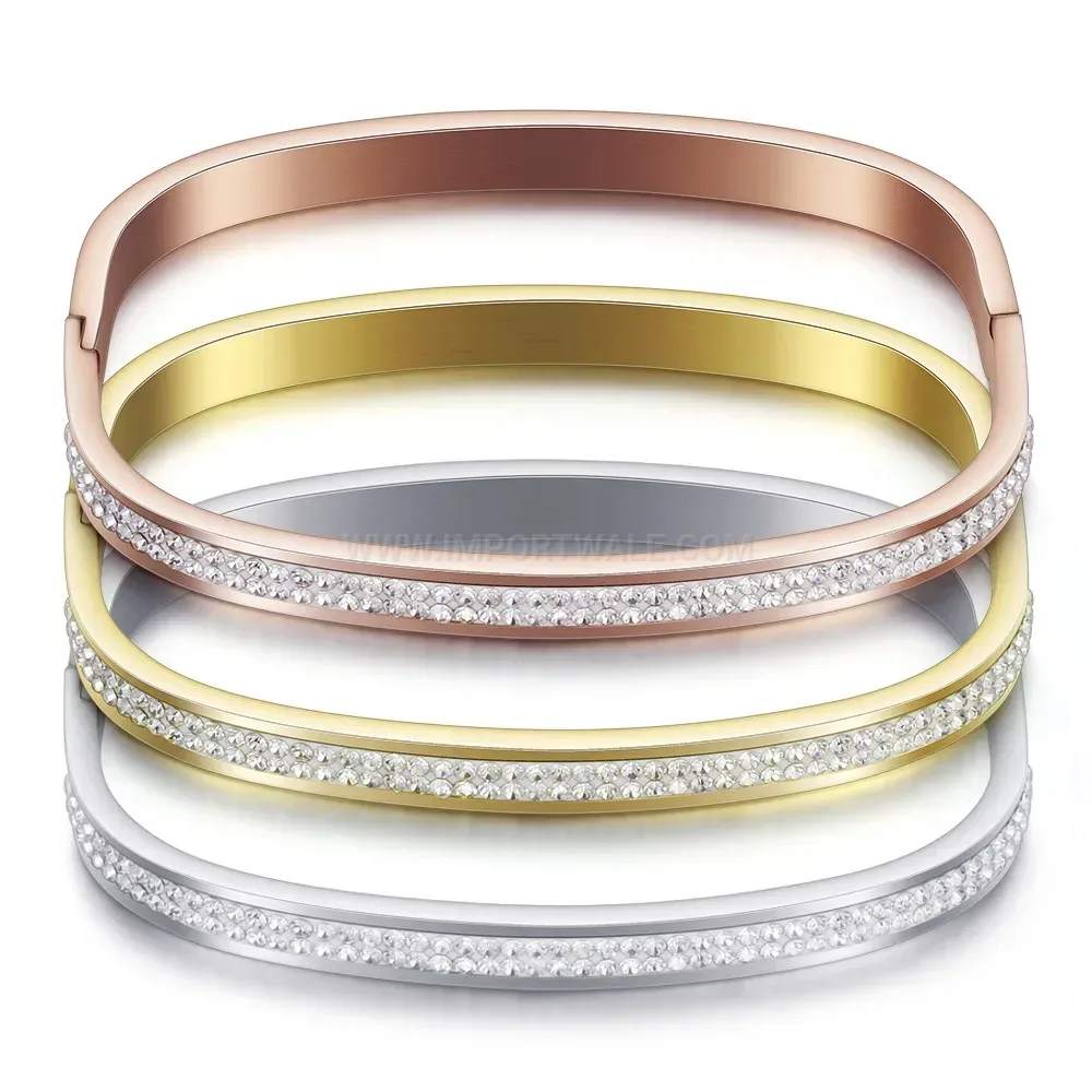 Trendy Double Row Rhinestone Open Cuff Stainless Steel Bangle