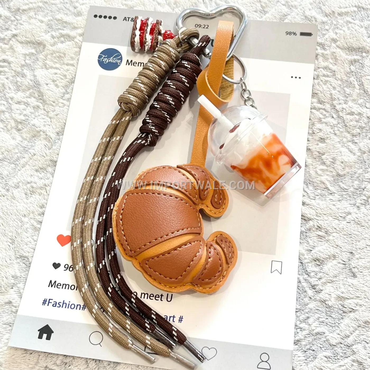 Woven Leather Drink Cup Bag Charm Keychain