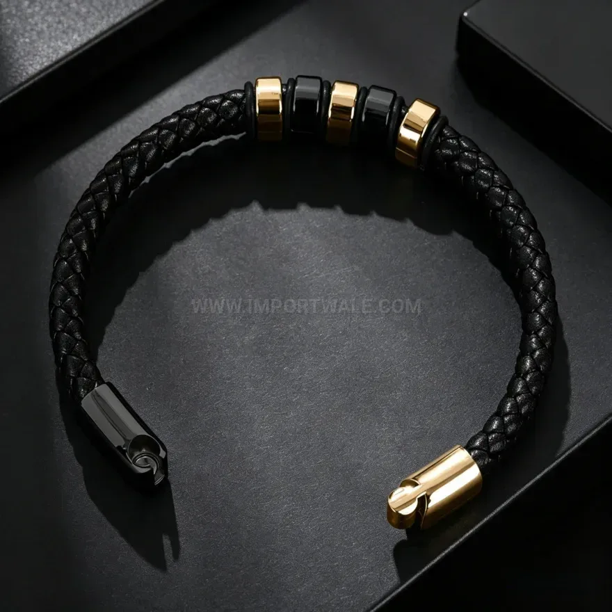 Designer Minimalist Alloy Stainless Steel Leather Cuffed Bracelet
