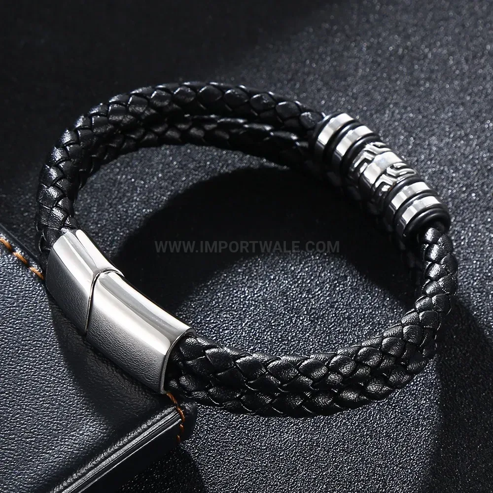 Double Strand Leather Magnet Clasp Stainless Steel Bracelet