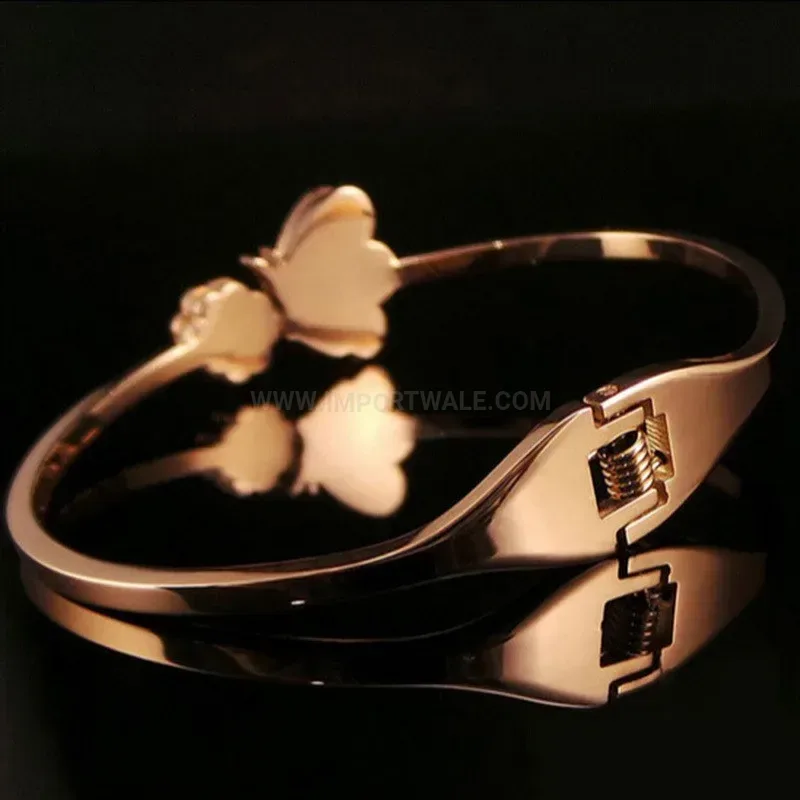 Modern Frosted Leaf and Clover Stainless Steel Open Bangle