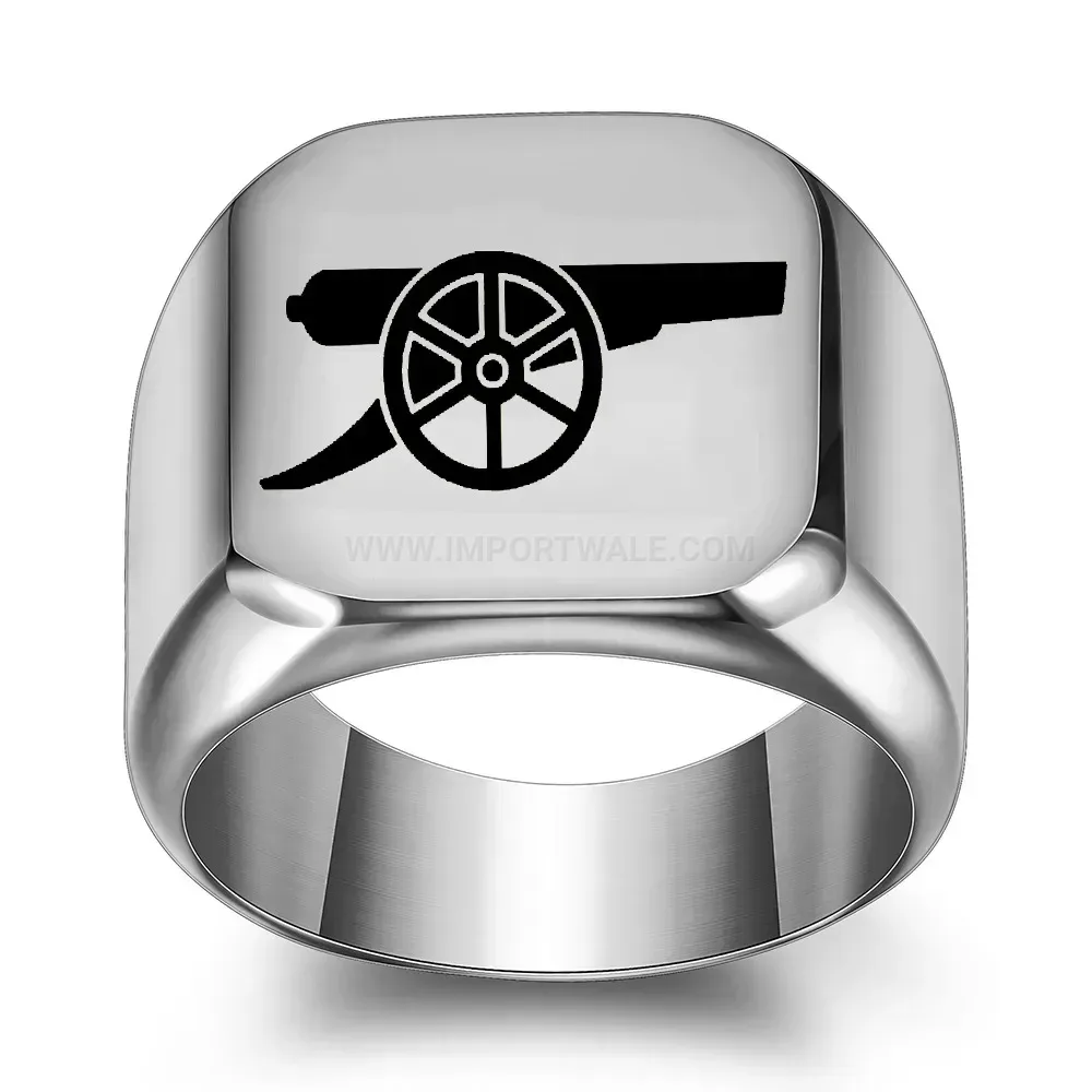 Designer Laser Engraved Cannon Motif Stainless Steel Square Signet Ring