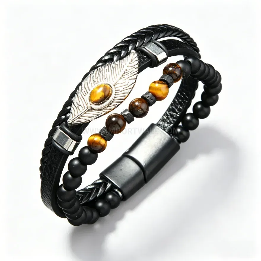 Fashion Feather Turquoise Inlaid PU Leather Bracelet with Magnetic Clasp