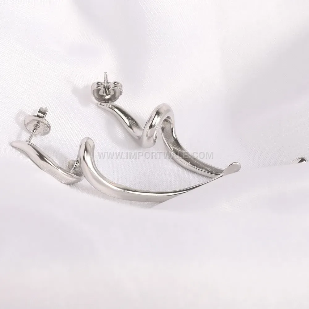 Asymmetric Wavy Long Bar Stainless Steel Earrings