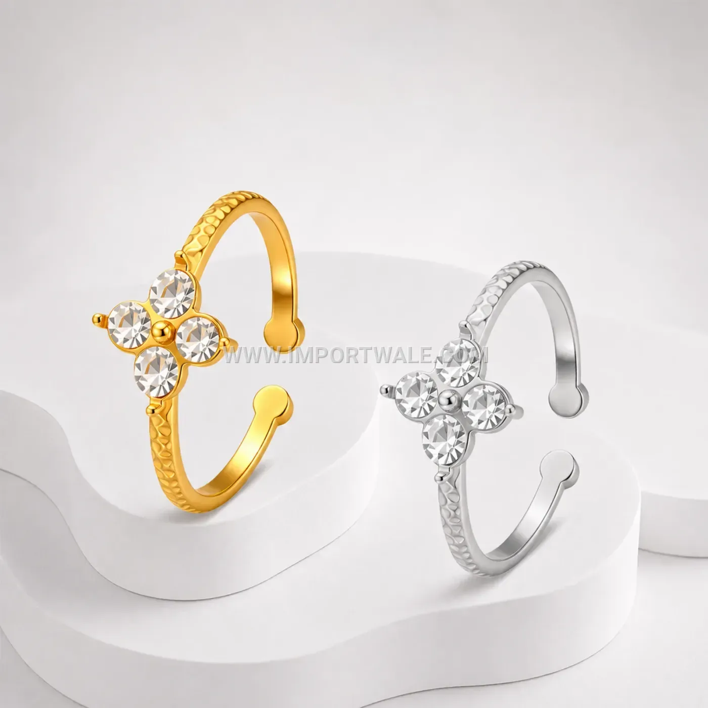 Hammered Stainless Steel Four-Leaf Clover Open Ring with Cubic Zirconia