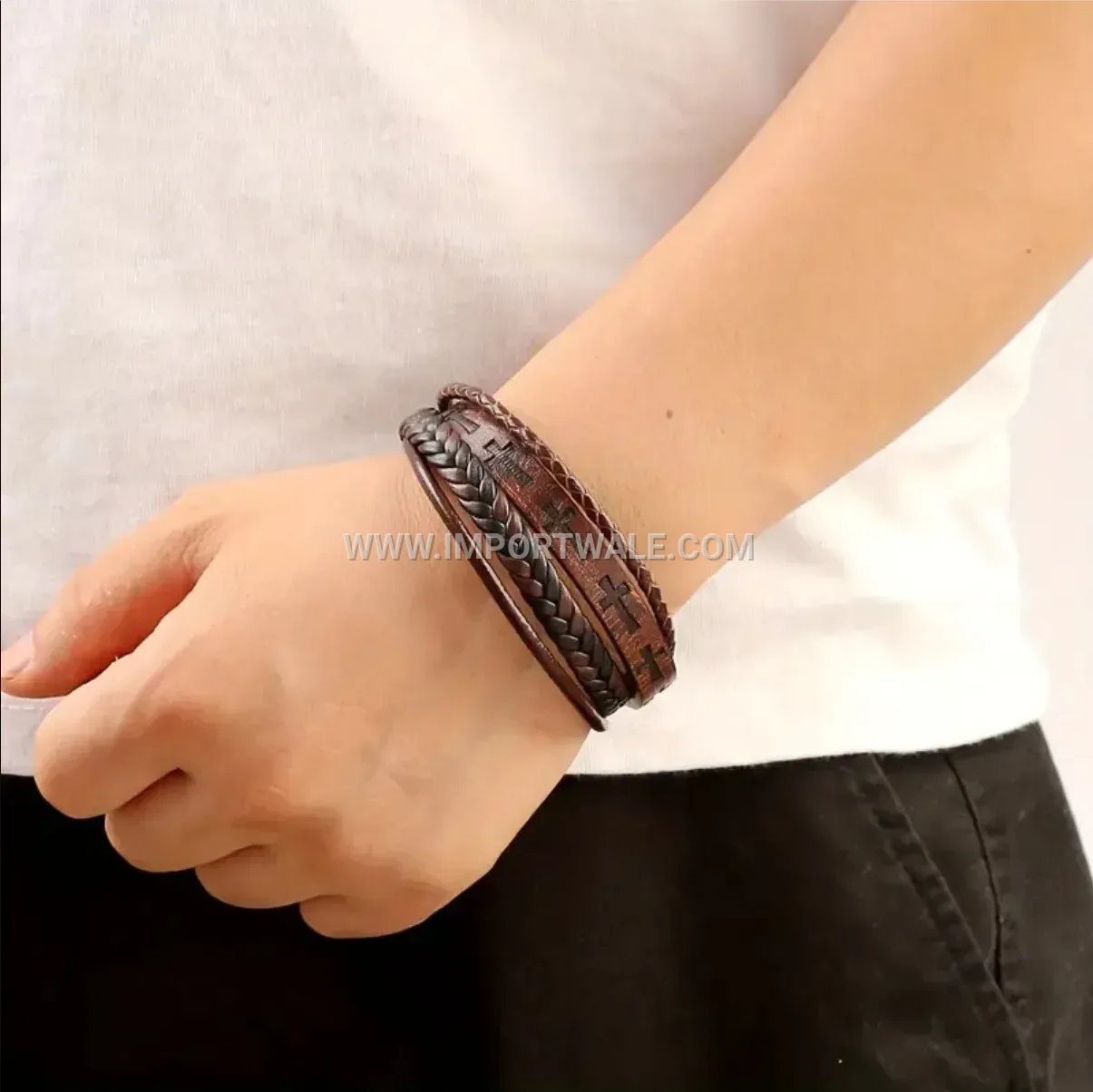 Cross Print Braided Leather Wristband With Metallic Magnetic Clasp
