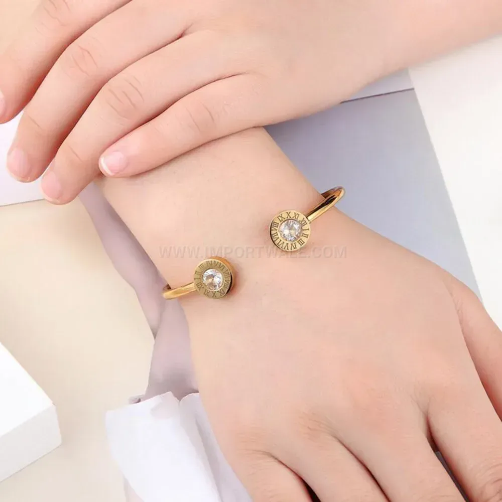 Designer Roman Numeral Stainless Steel Crystal Open Bangle