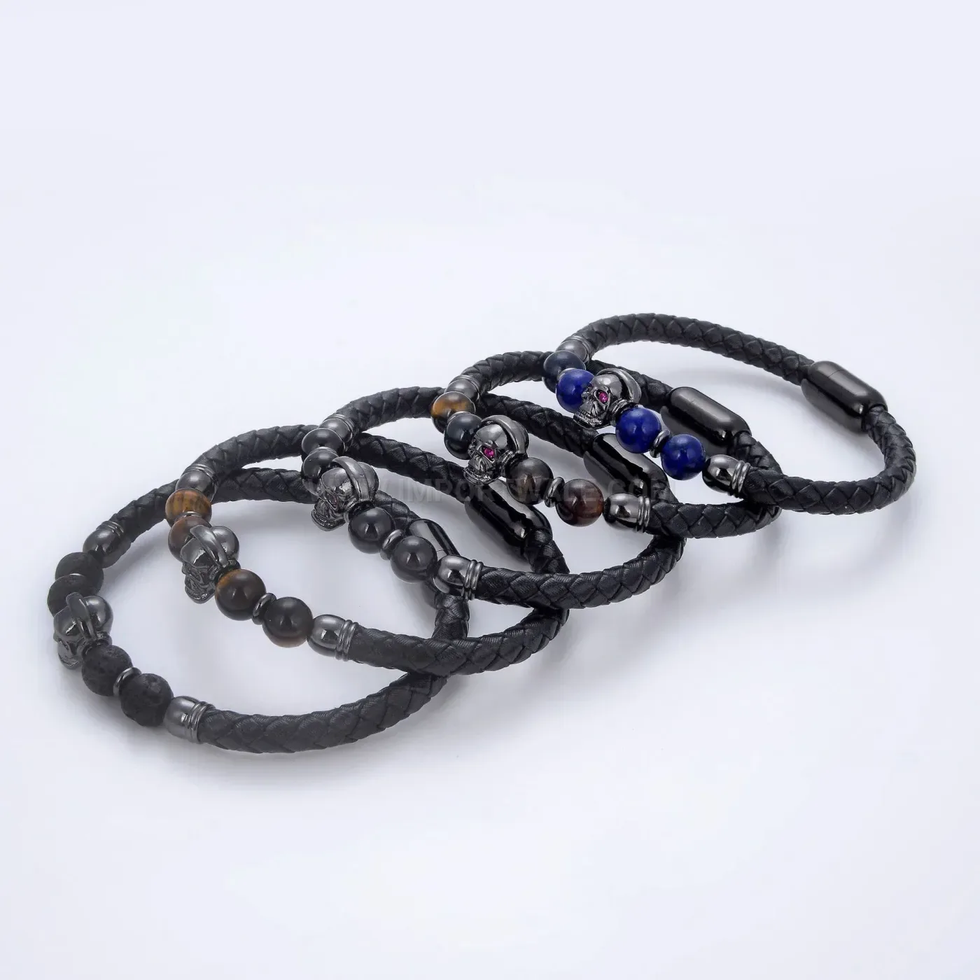 Punk Skull Stainless Steel Clasp Braided Leather Stone Bracelet