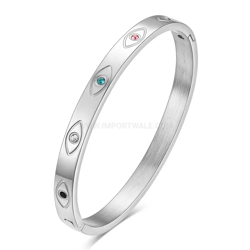 Modern Stainless Steel Evil Eye Cubic Zirconia Bangle Bracelet