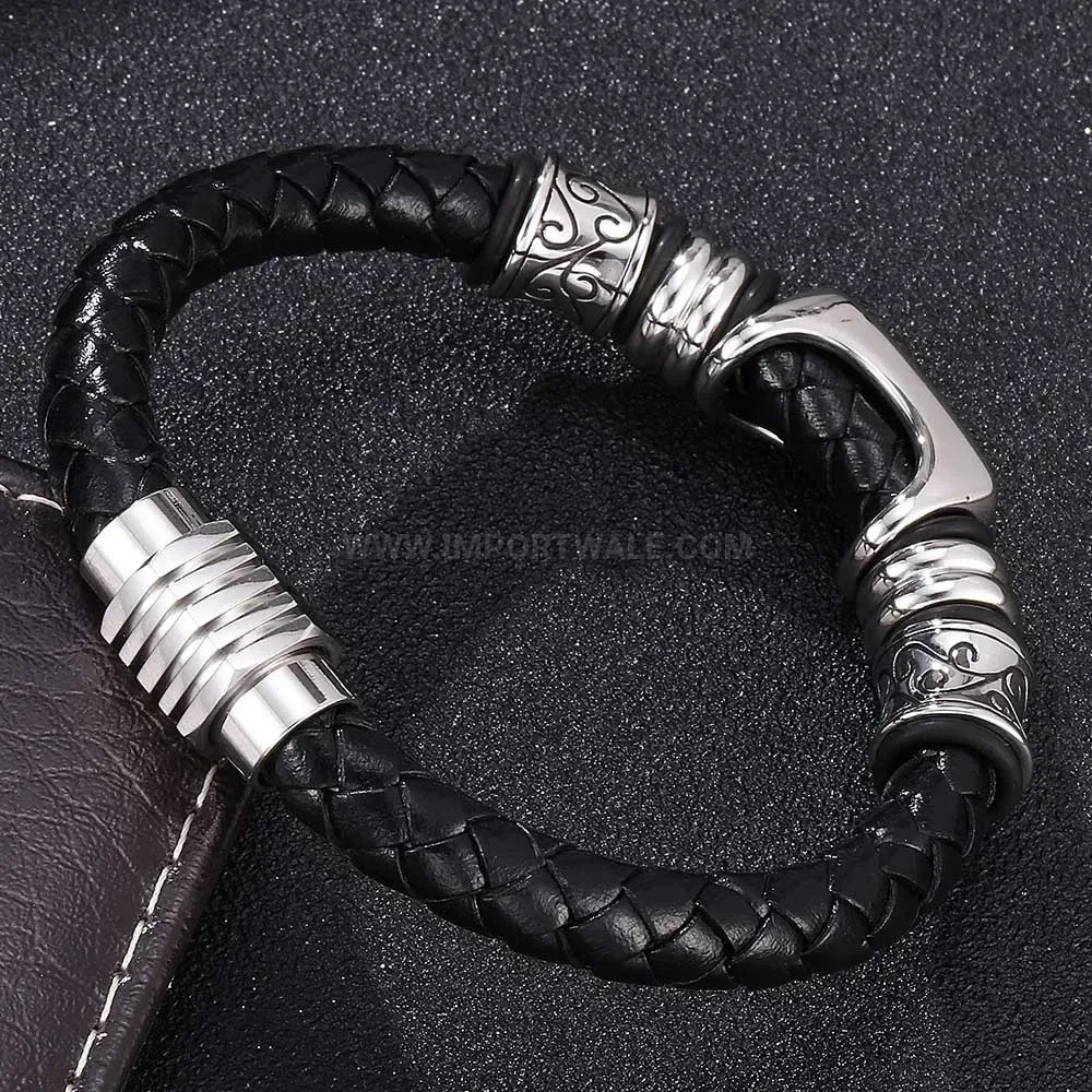 Patterned Braided Leather Magnetic Cuff with Stainless Steel Details