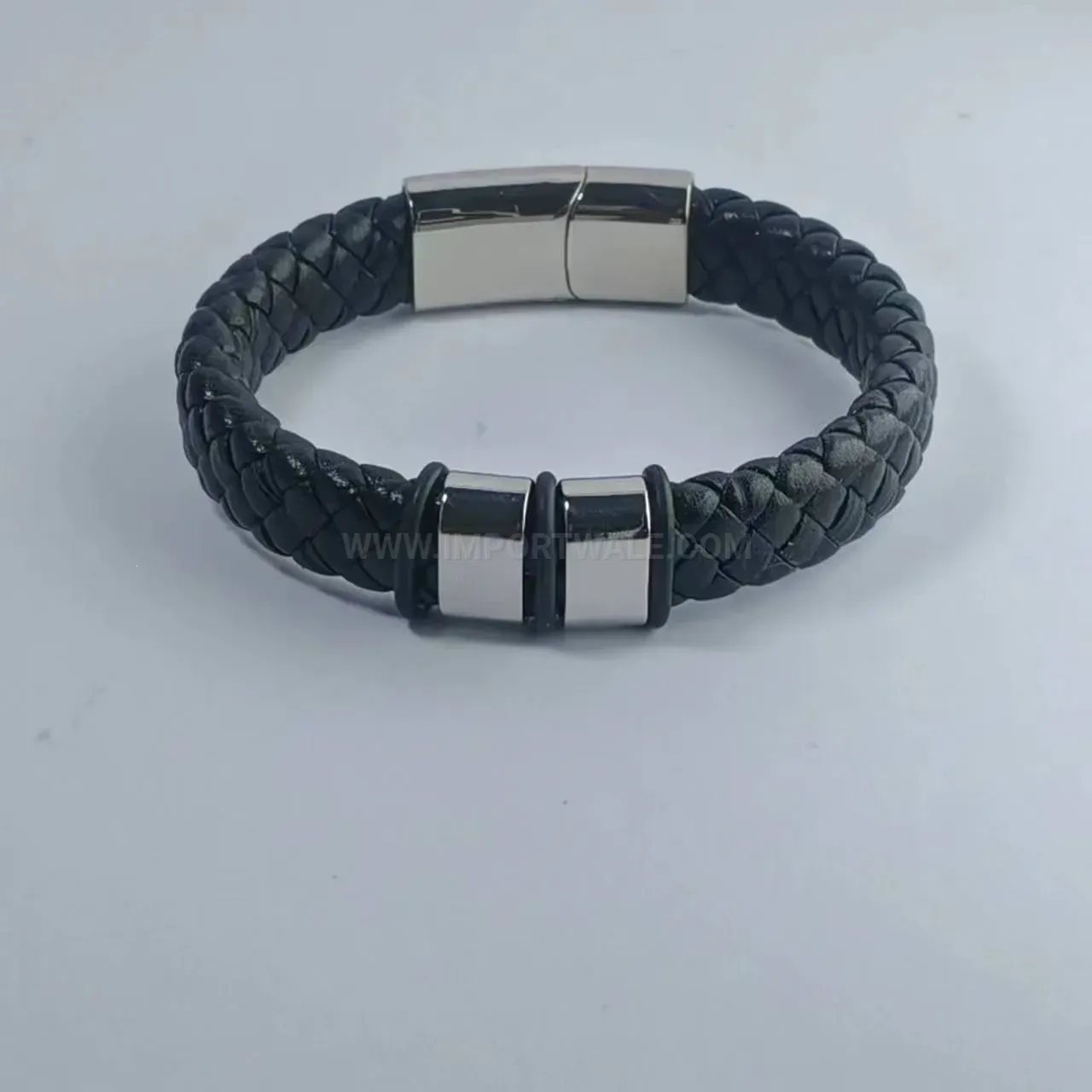 Minimalist Black Leather Strap Stainless Steel Accent Wristband for Men