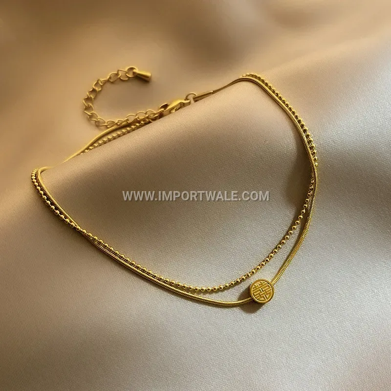 Double Layer Lucky Character Charm Anklet in Gold Tone Stainless Steel
