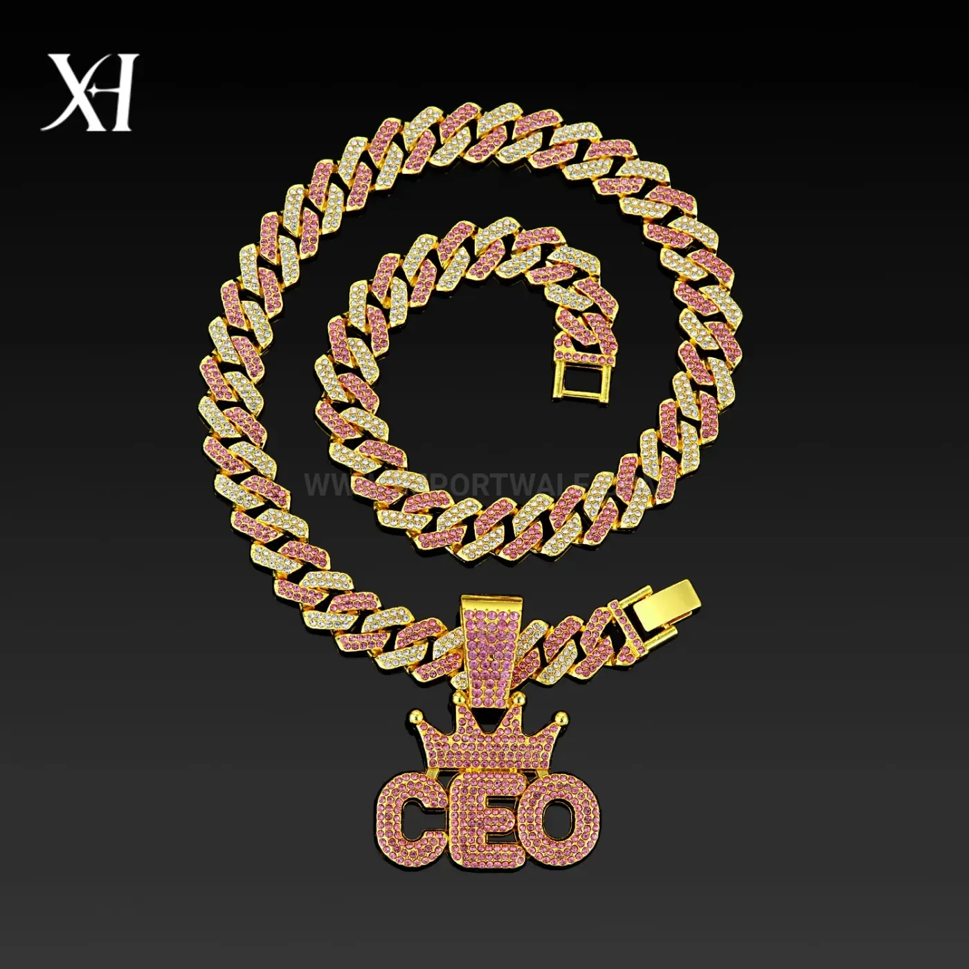 Designer Rhinestone Crown CEO Letter Pendant Two-Tone Necklace