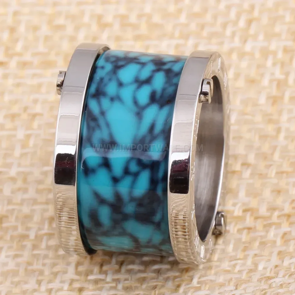 Fashion Turquoise Inlaid Polished Stainless Steel Band Ring