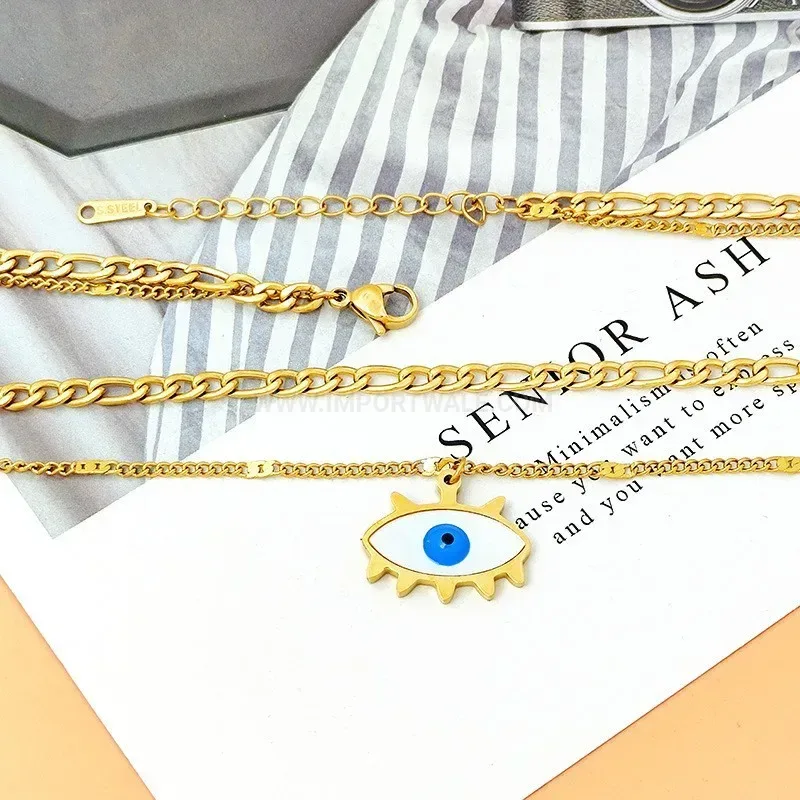 Chic Double Layered Gold Tone Titanium Steel Evil Eye Chain Necklace