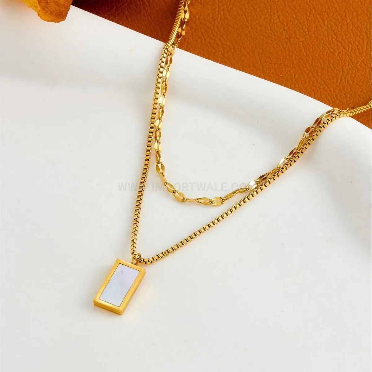 Designer Double Layer Geometric White Shell Titanium Steel Necklace