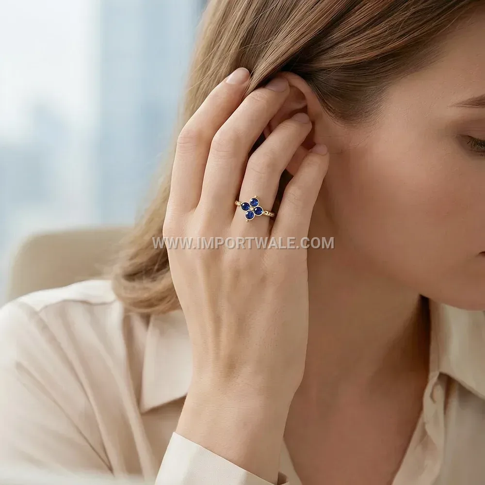 Hammered Textured Stainless Steel Open Floral Cocktail Ring With Zircon