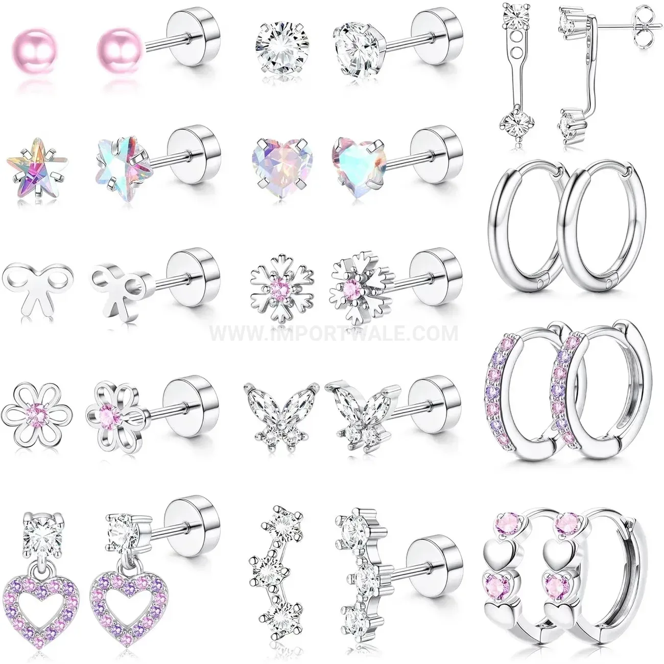 Chic Stainless Steel Flat Back Threaded Piercing Stud Set with Colorful Stones