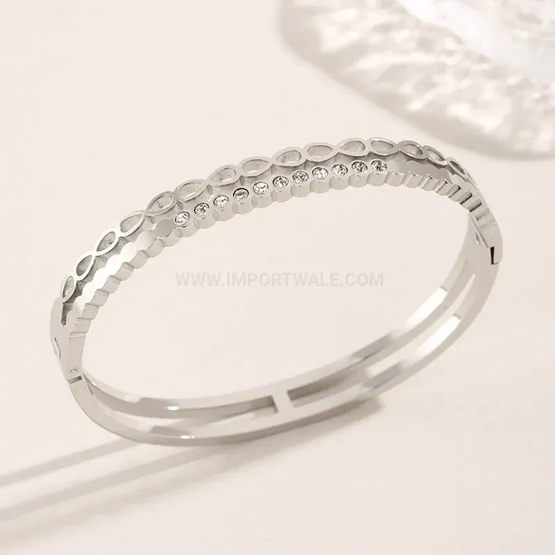 Bold Double Layer Wave Cutout Zircon Titanium Bangle