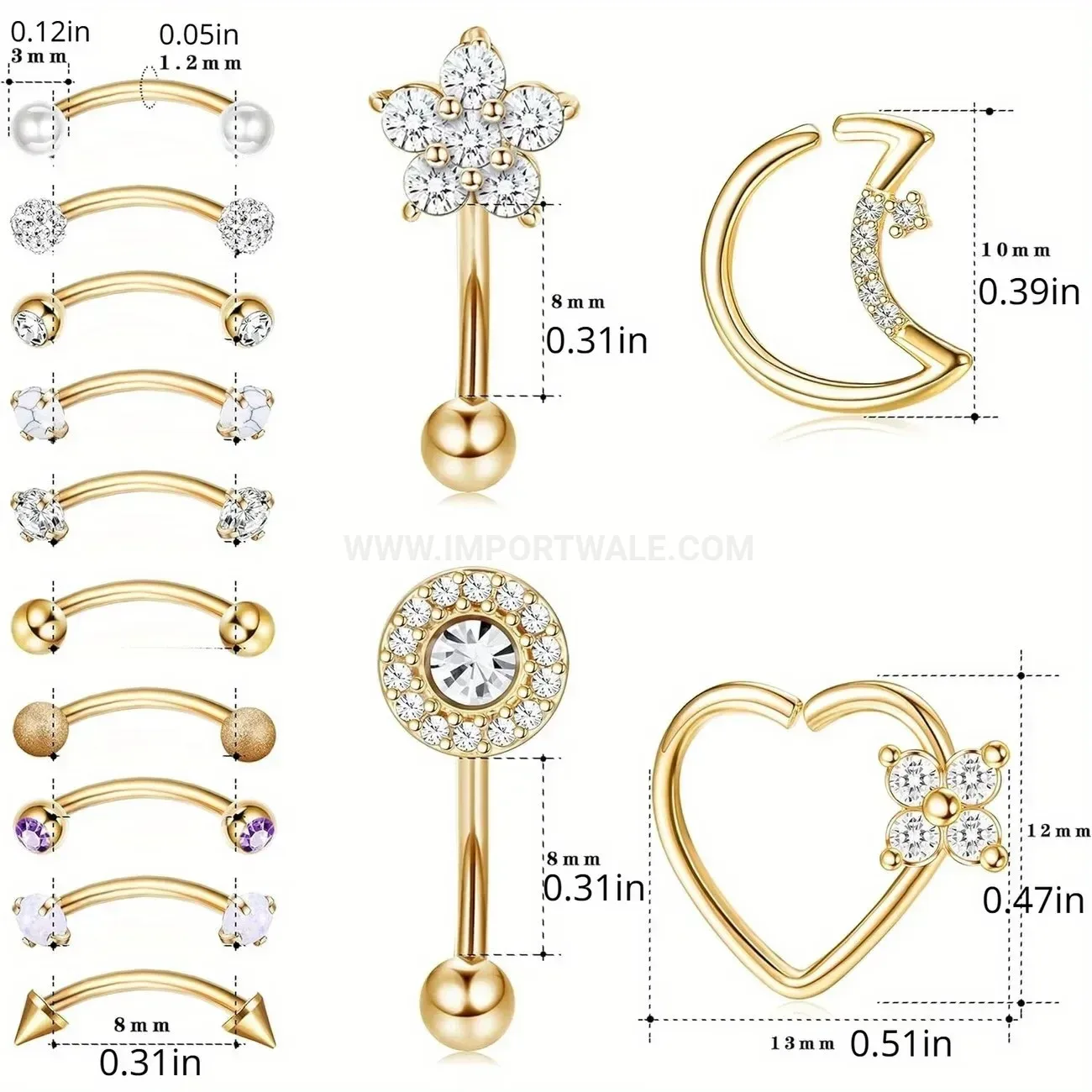 Stylish Curved Stainless Steel Zircon Pearl Body Piercing Jewelry Set